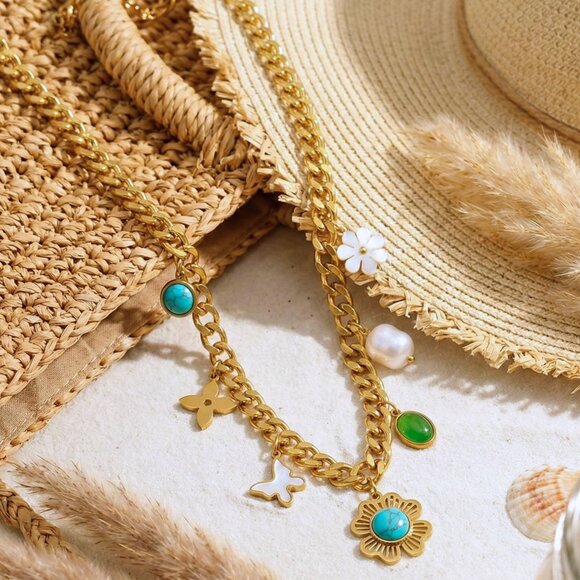 Chunky 18K Gold Plated TrendybNecklace Colorful Charms Pearl Accents Y2K Style - Picture 9 of 11